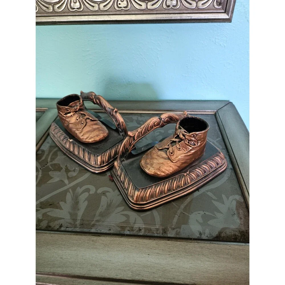Vintage Copper Color Cast Iron Book Ends Bronze Tone Pair Of Baby Shoes Bookends
